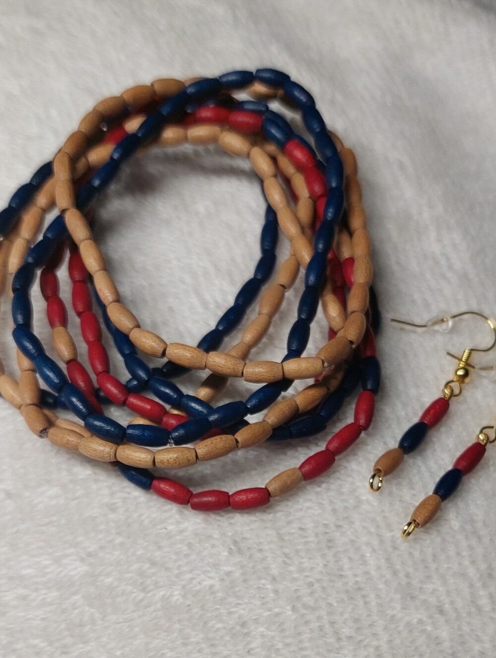8 Handcrafted Navy, Red & Tan Wood Bead Stretch Bracelets with Matching Earrings